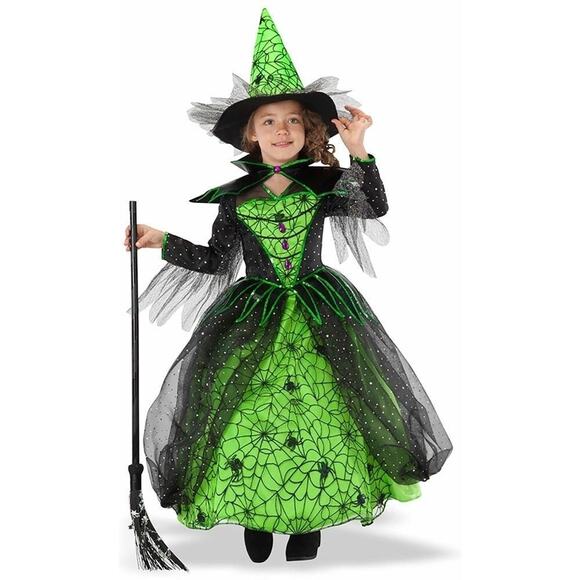 Magical Green Halloween 2 Piece Witch Costume Spiders Girls Size 7-8 Teetot - Picture 1 of 11
